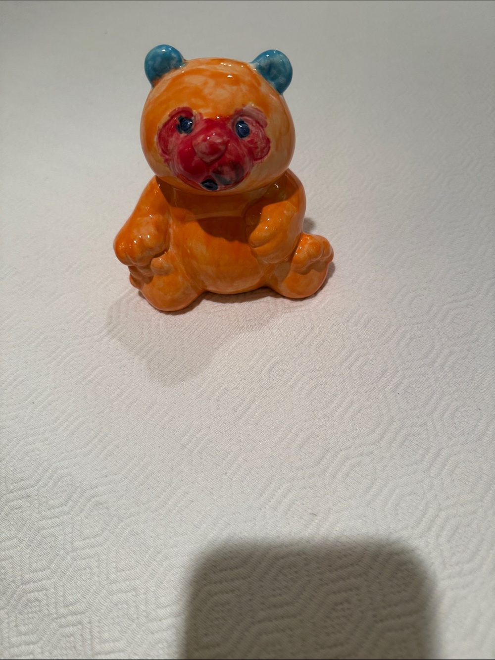 Handmade Orange Ceramic panda Figurine with Blue Ears